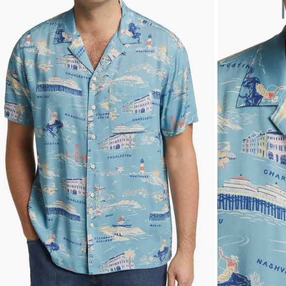 Faherty Other - New Faherty Kona Print Short Sleeve Terry Button-Up Shirt tour print blue L